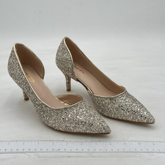 XYD Gold Glitter D'Orsay Mid Heels Comfortable Slip-on Pointed Toe Sexy Pumps - Picture 4 of 8